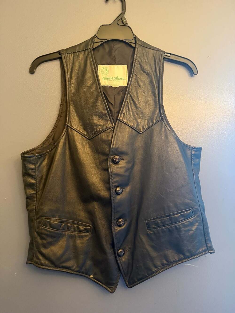 Vintage Gino Leathers Black Genuine Leather Western Biker Vest Made in USA - Sma